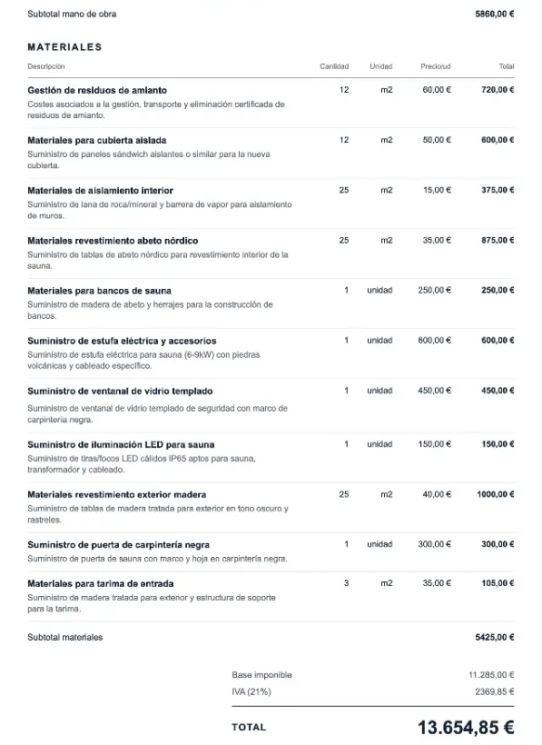 Factura generada con ReformAI: materiales de 5.425 € sobre una base de 11.285 €, con IVA del 21 %