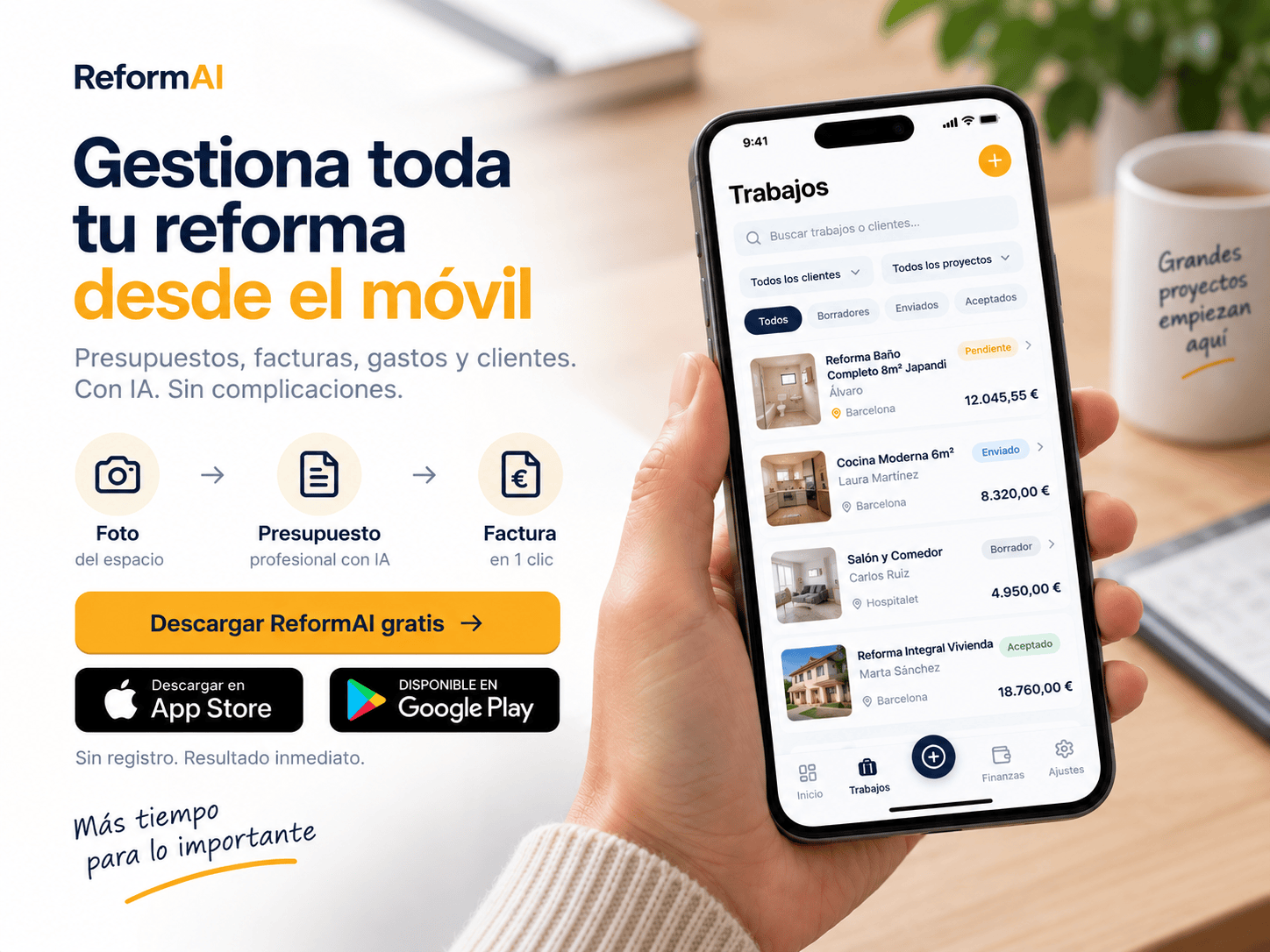 Gestiona toda tu reforma desde el móvil con ReformAI: presupuestos, facturas, gastos y clientes