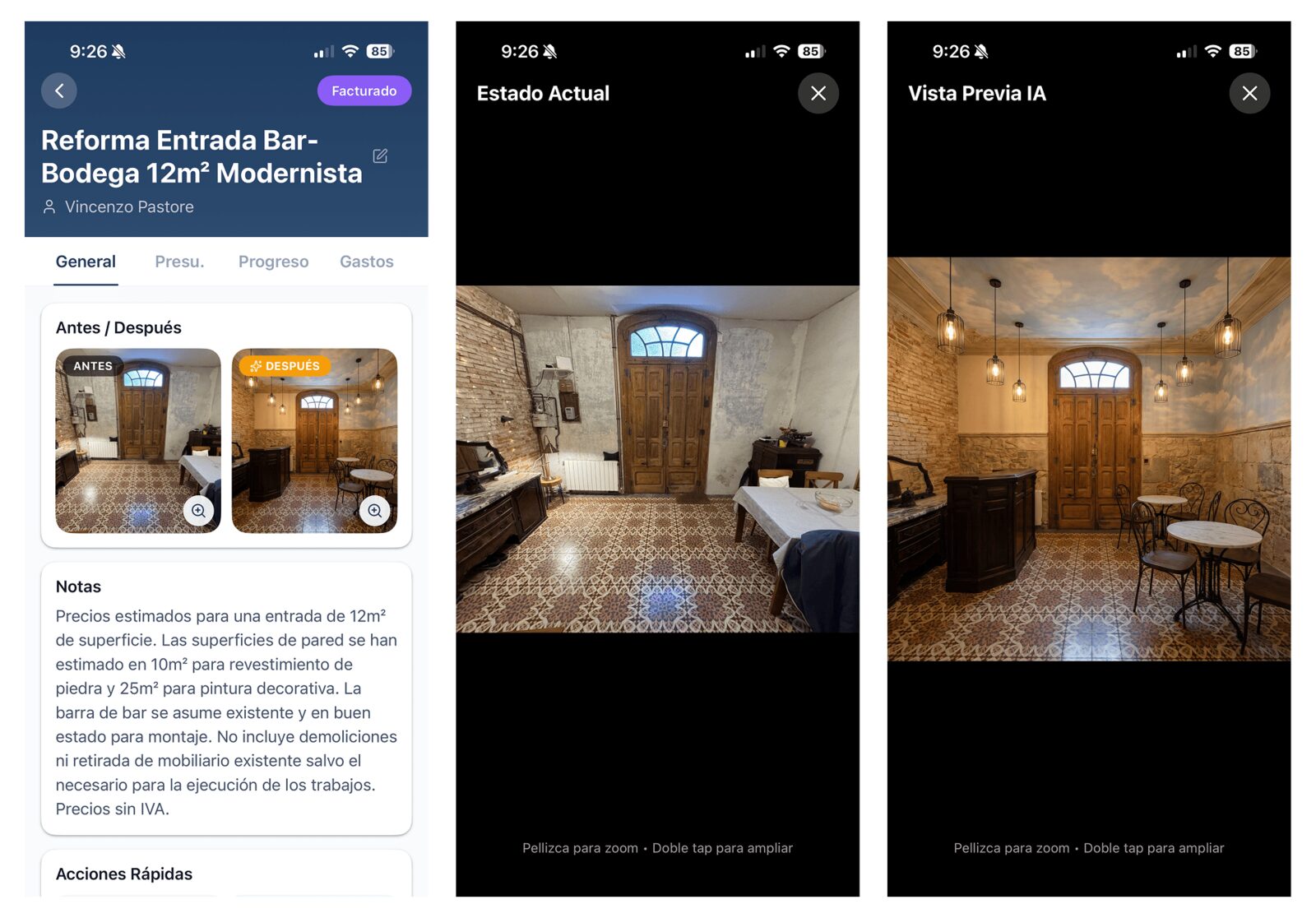 Reforma de entrada modernista convertida en bar-bodega de 12 m² dentro de ReformAI: estado actual con pared desnuda y visualización IA con piedra vista, iluminación cálida y mobiliario